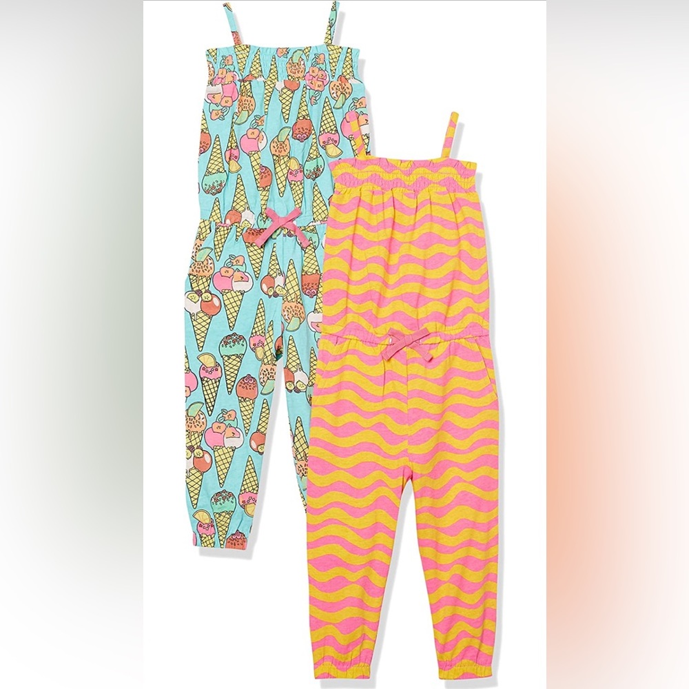 Amazon Essentials Girls Summer Stripes & Ice Cream Jumpsuits Rompers, Pack of 2